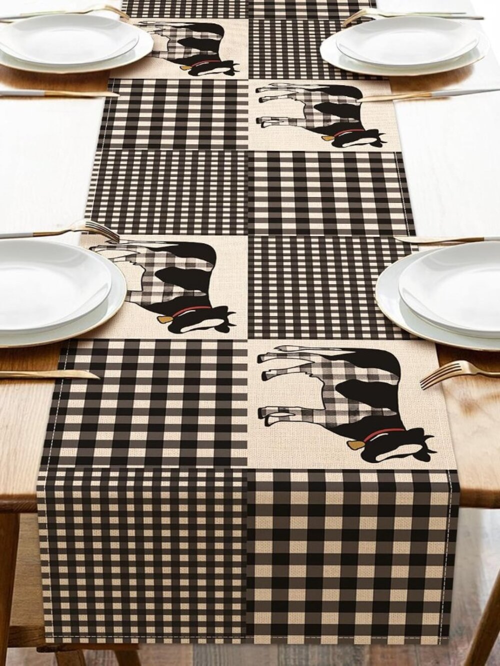 Buffalo Plaid Check Cow Table Runner, Farm Animals Kitchen Dining